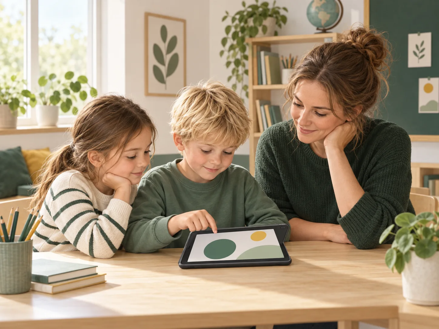 A teacher and children working together at a table
