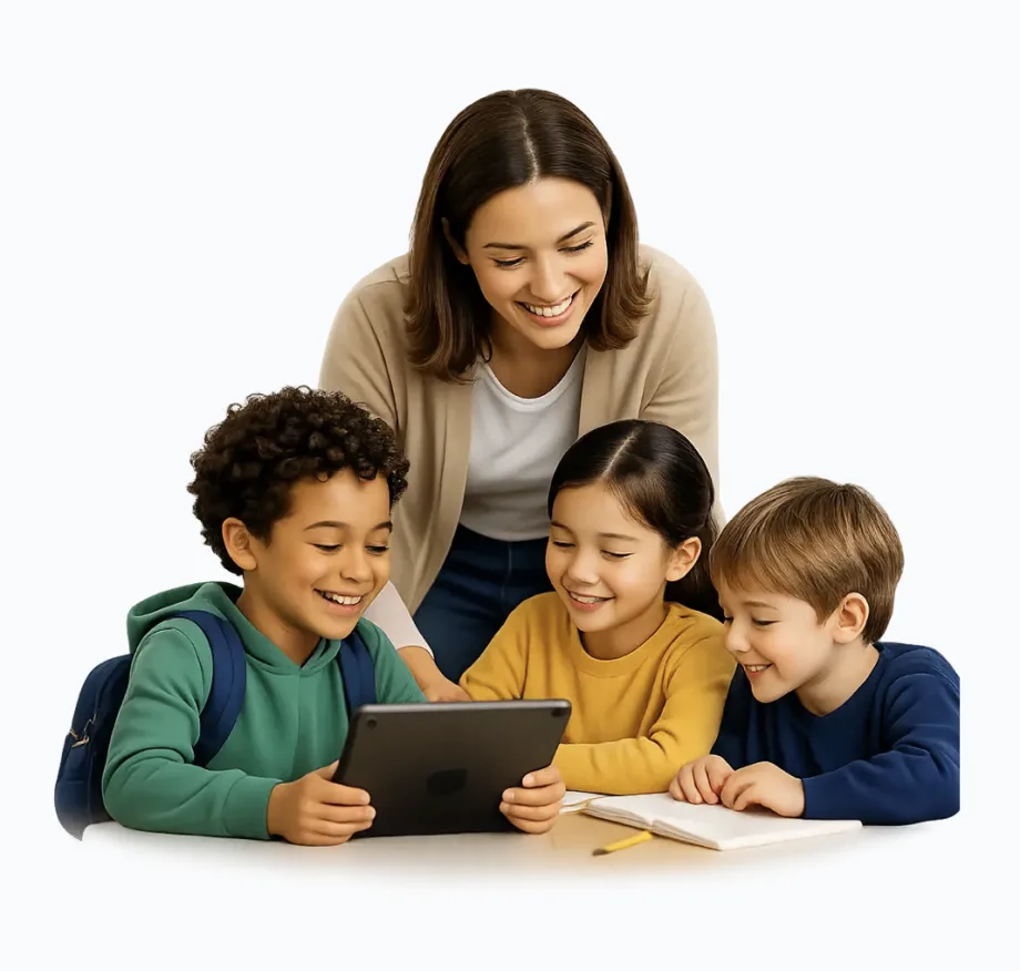 Teacher helping three children practise reading and spelling on a tablet